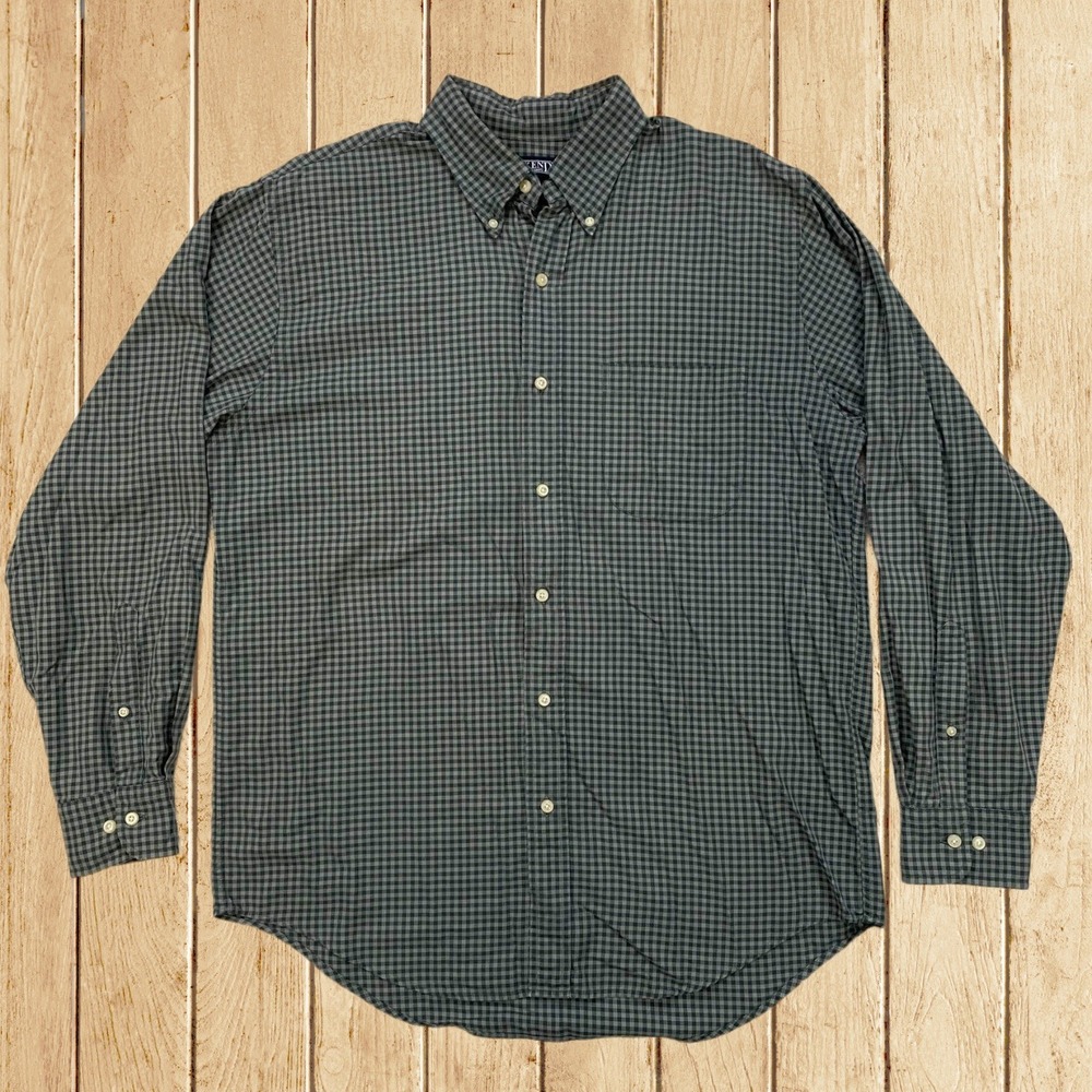 Lands End Mens Medium Gingham Button Down Shirt Green Navy Cotton Long Sleeve